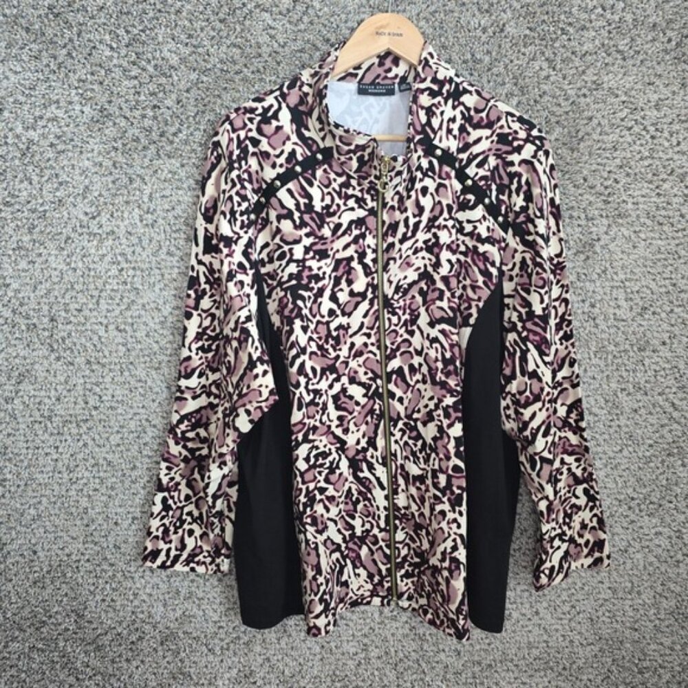 Susan Graver Jacket Womens Plus 3X Purple Animal Print Full Zip Weekend Ladies